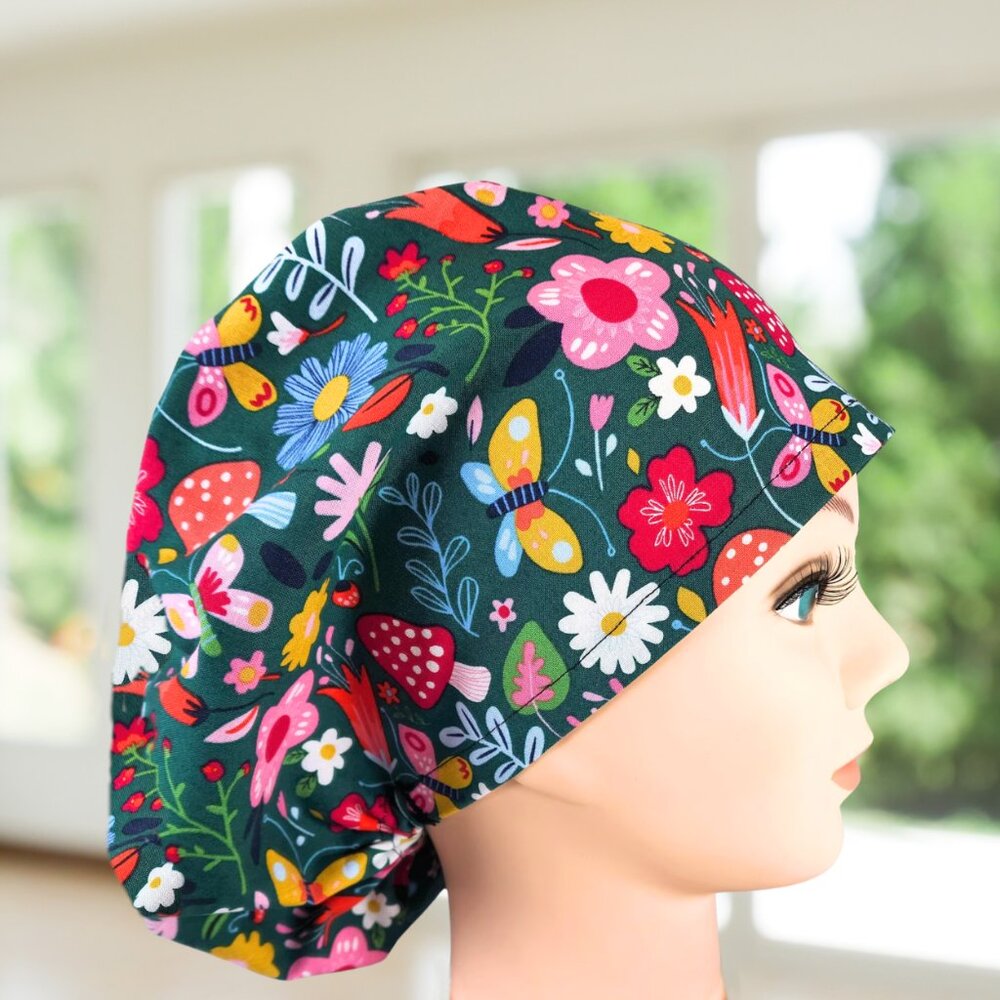 PREMIUM Euro Style Scrub Cap Mushroom Floral~ Scrub Cap, Unisex Nurse Cap, Scrub